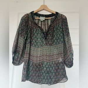 Maeve Anthropologie Blouse Women Sz X-Small 3/4 Sleeve Floral Sheer Poppy Blouse